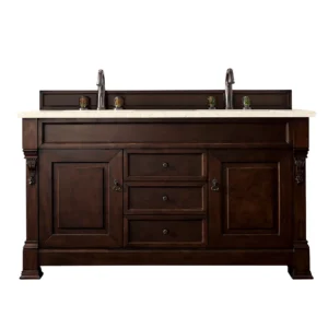 Brookfield 60″ Double Vanity, Burnished Mahogany w/ 3 CM Eternal Marfil Quartz Top