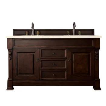 Brookfield 60" Double Vanity, Burnished Mahogany w/ 3 CM Eternal Marfil Quartz Top