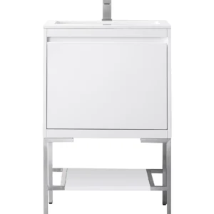 Milan 23.6″ Single Vanity, Glossy White, Brushed Nickel w/ Glossy White Composite Stone Top