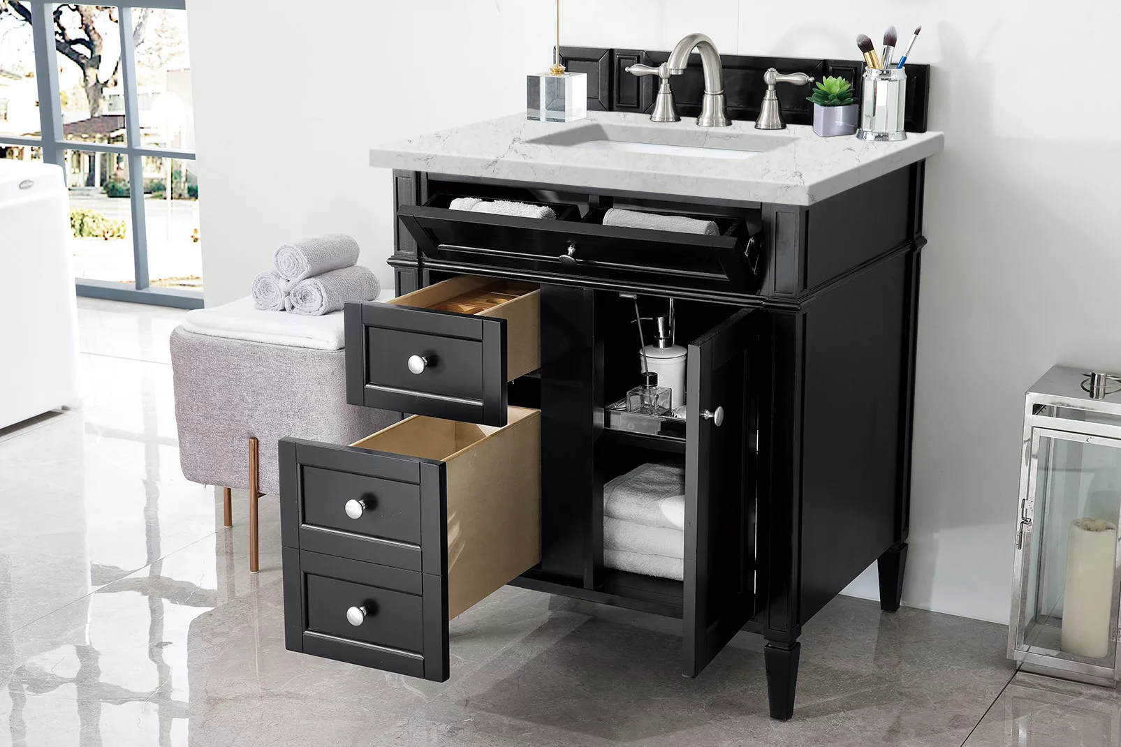Brittany 30" Single Vanity, Black Onyx, w/ 3 CM Eternal Jasmine Pearl Quartz Top - Image 4