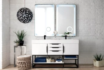 Columbia 59" Double Vanity, Glossy White, Matte Black w/ Glossy White Composite Stone Top - Image 2