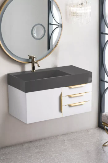 Mercer Island 36" Single Vanity, Glossy White, Radiant Gold w/ Dusk Grey Glossy Composite Stone Top - Image 3