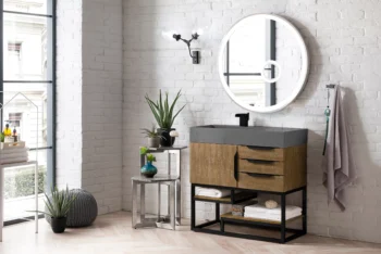 Columbia 36" Single Vanity, Latte Oak, Matte Black w/ Dusk Grey Glossy Composite Stone Top - Image 3