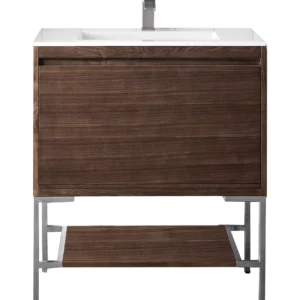 Mantova 31.5″ Single Vanity, Mid-Century Walnut, Brushed Nickel Base w/ Glossy White Composite Stone Top