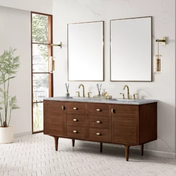 Amberly 72" Double Vanity, Mid-Century Walnut w/ 3 CM Arctic Fall Top - Image 5