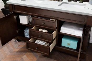 Brookfield 60" Double Vanity, Burnished Mahogany w/ 3 CM Ethereal Noctis Quartz Top - Image 4