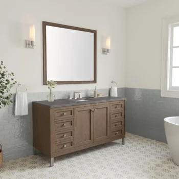 Chicago 60" Single Vanity, Whitewashed Walnut w/ 3 CM Grey Expo Quartz Top - Image 4