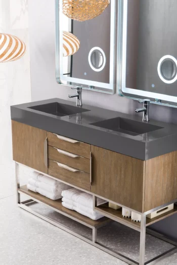 Columbia 59" Double Vanity, Latte Oak w/ Dusk Grey Glossy Composite Stone Top - Image 3