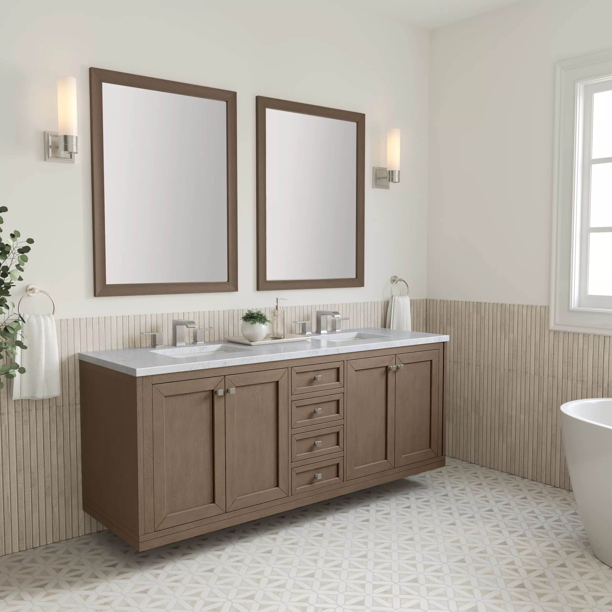 Chicago 72" Double Vanity, Whitewashed Walnut w/ 3 CM Carrara Marble Top - Image 5
