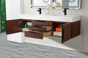 Mercer Island 59" Double Vanity, Coffee Oak, Matte Black w/ Glossy White Composite Stone Top - Image 4