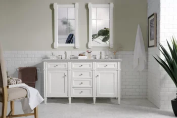Brittany 60" Double Vanity, Bright White Vanity w/ 3 CM Eternal Serena Quartz Top - Image 2