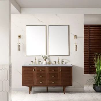 Amberly 60" Double Vanity, Mid-Century Walnut w/ 3 CM Arctic Fall Top - Image 3