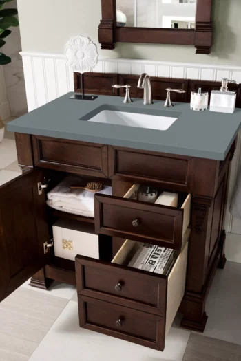 Brookfield 36" Single Vanity, Burnished Mahogany w/ 3 CM Cala Blue Top - Image 4