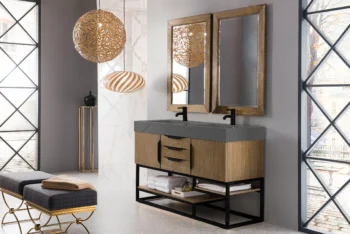 Columbia 59" Double Vanity, Latte Oak, Matte Black w/ Dusk Grey Glossy Composite Stone Top - Image 3