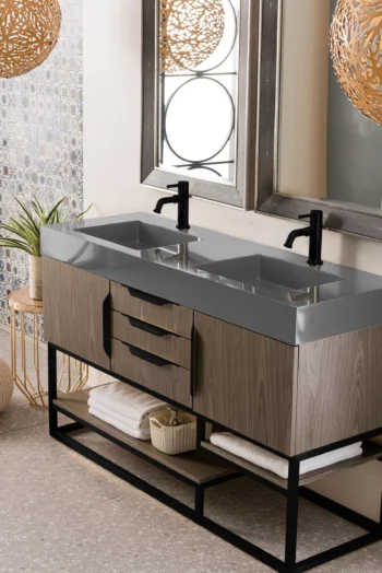 Columbia 59" Double Vanity, Ash Gray, Matte Black w/ Dusk Grey Glossy Composite Stone Top - Image 3