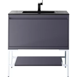 Milan 35.4″ Single Vanity, Modern Gray Glossy, Glossy White w/ Charcoal Black Composite Stone Top
