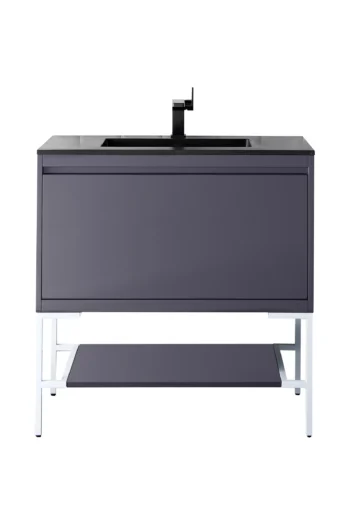 Milan 35.4" Single Vanity, Modern Gray Glossy, Glossy White w/ Charcoal Black Composite Stone Top
