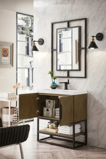 Columbia 31.5" Single Vanity, Latte Oak, Matte Black, w/ White Glossy Composite Stone Top - Image 4