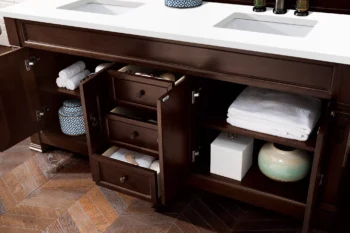 Brookfield 72" Double Vanity, Burnished Mahogany w/ 3 CM White Zeus Quartz Top - Image 4