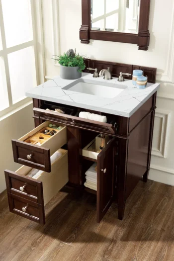 Brittany 30" Single Vanity, Burnished Mahogany, w/ 3 CM Ethereal Noctis Quartz Top - Image 4