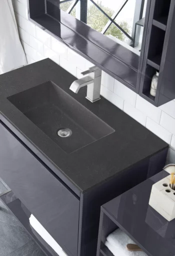 Milan 35.4" Single Vanity, Modern Gray Glossy, Brushed Nickel w/ Charcoal Black Composite Stone Top - Image 4
