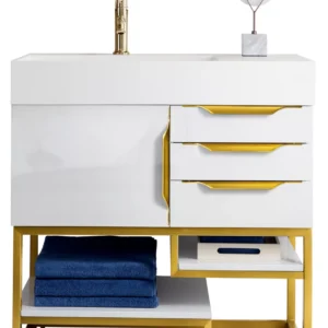 Columbia 36″ Single Vanity, Glossy White, Radiant Gold w/ Glossy White Composite Stone Top