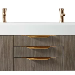 Mercer Island 72″ Double Vanity, Ash Gray, Radiant Gold w/ Glossy White Composite Stone Top