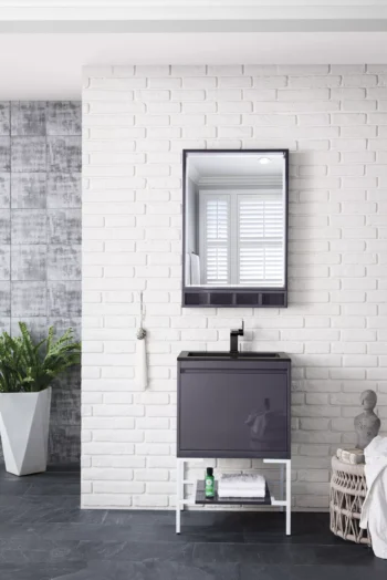 Milan 23.6" Single Vanity, Modern Gray Glossy, Glossy White w/ Charcoal Black Composite Stone Top - Image 2