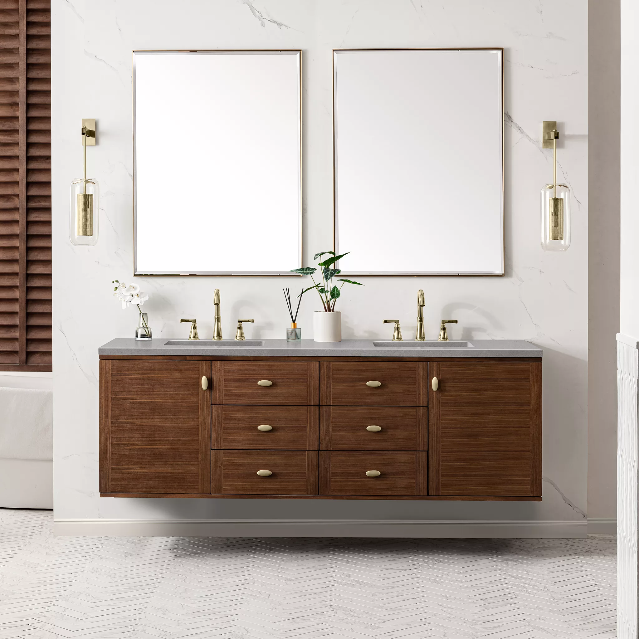 Amberly 72" Double Vanity, Mid-Century Walnut w/ 3 CM Eternal Serena Top - Image 4