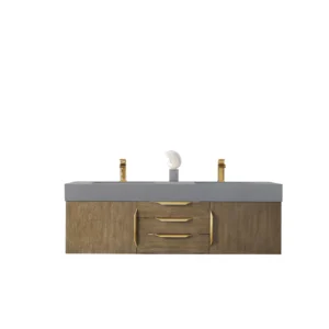 Mercer Island 59″ Double Vanity, Latte Oak, Radiant Gold w/ Dusk Grey Glossy Composite Stone Top