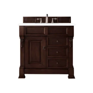 Brookfield 36″ Single Vanity, Burnished Mahogany w/ 3 CM White Zeus Quartz Top