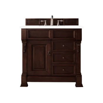 Brookfield 36" Single Vanity, Burnished Mahogany w/ 3 CM White Zeus Quartz Top