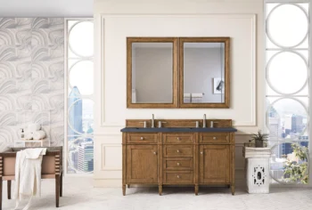 Brittany 60" Double Vanity, Saddle Brown w/ 3 CM Charcoal Soapstone Quartz Top - Image 2