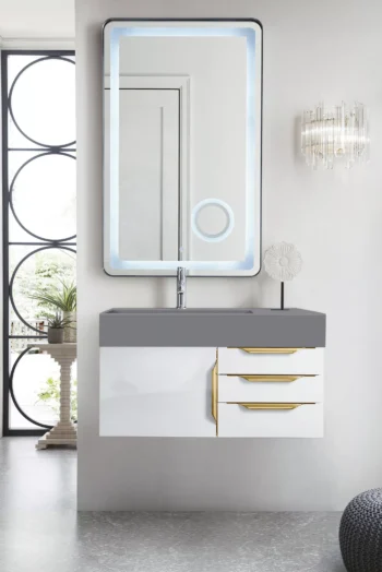 Mercer Island 36" Single Vanity, Glossy White, Radiant Gold w/ Dusk Grey Glossy Composite Stone Top - Image 2