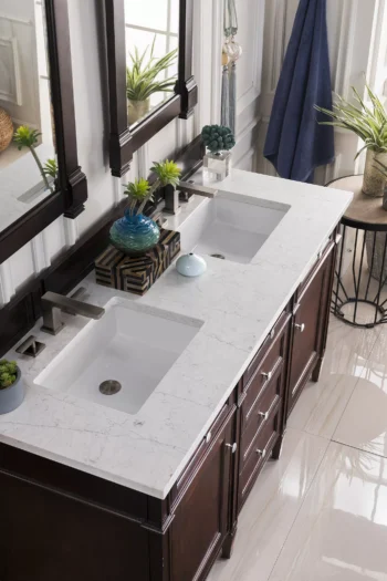 Brittany 60" Double Vanity, Burnished Mahogany w/ 3 CM Eternal Jasmine Pearl Quartz Top - Image 3