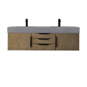 Mercer Island 59″ Double Vanity, Latte Oak, Matte Black w/ Dusk Grey Glossy Composite Stone Top