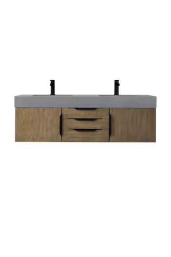 Mercer Island 59" Double Vanity, Latte Oak, Matte Black w/ Dusk Grey Glossy Composite Stone Top
