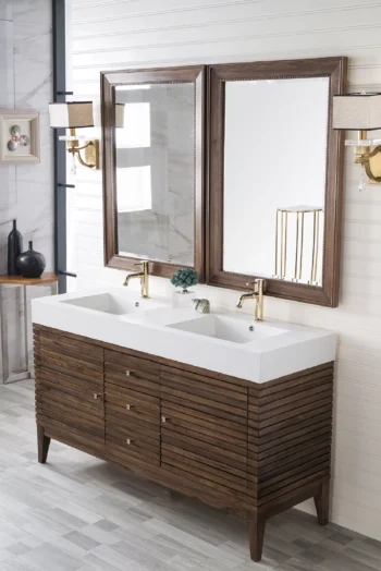 Linear 59" Double Vanity, Mid-Century Walnut w/ Glossy White Composite Stone Top - Image 3
