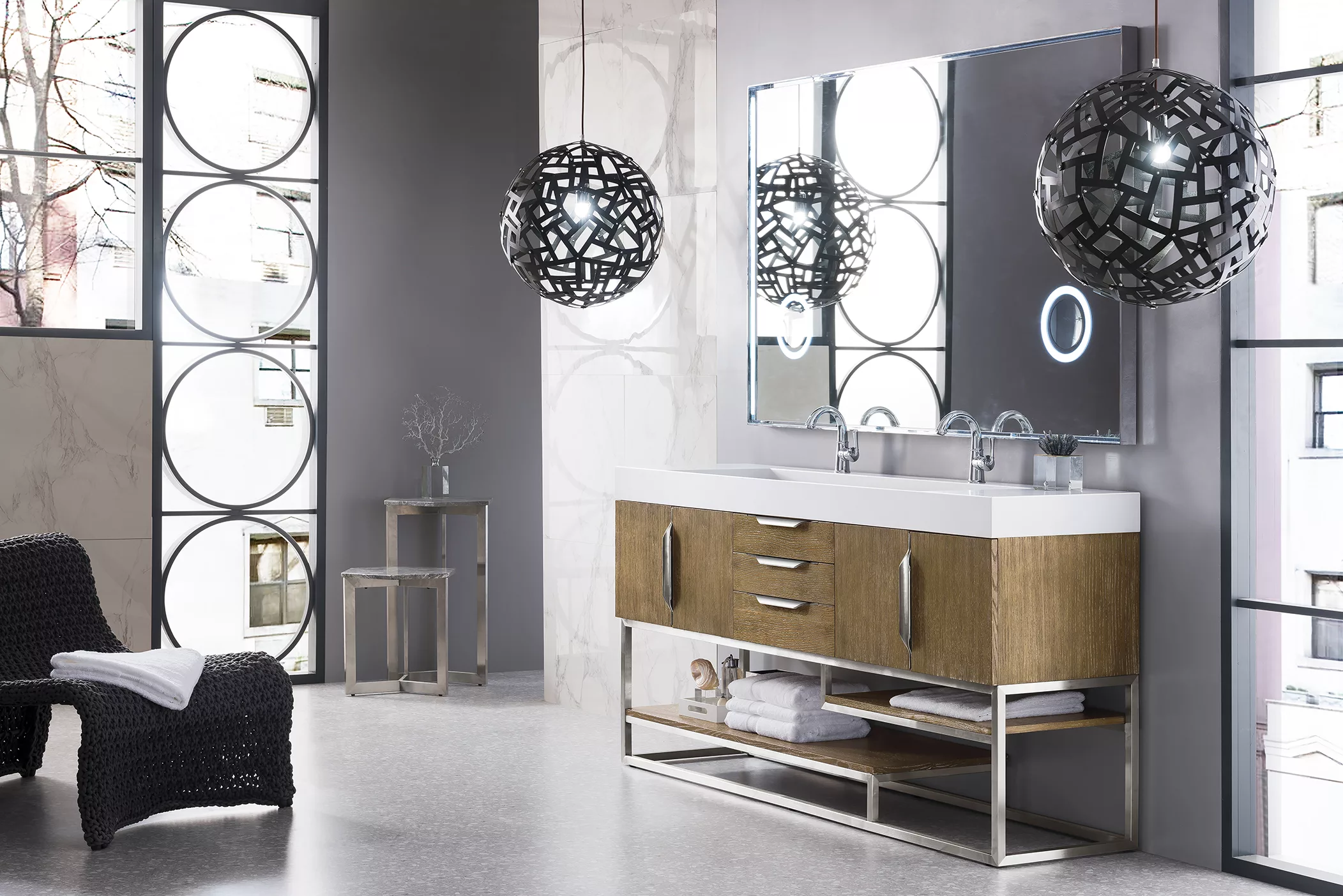 Columbia 72" Double Vanity, Latte Oak w/ Glossy White Composite Stone Top - Image 3