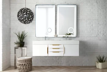 Mercer Island 59" Double Vanity, Glossy White, Radiant Gold w/ Glossy White Composite Stone Top - Image 2