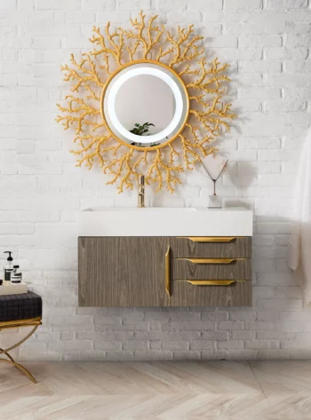 Mercer Island 36" Single Vanity, Ash Gray, Radiant Gold w/ Glossy White Composite Stone Top - Image 4