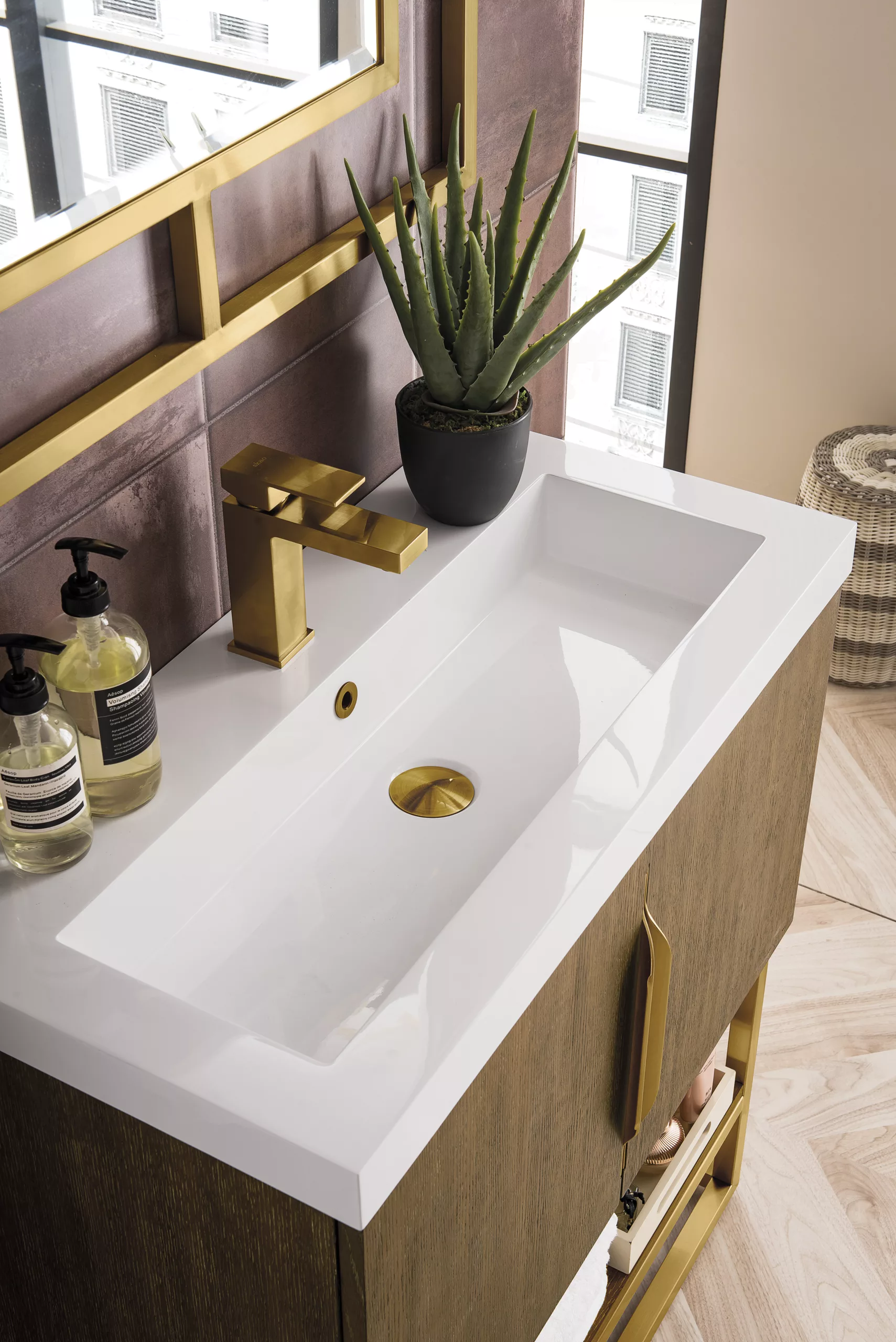 Columbia 31.5" Single Vanity, Latte Oak, Radiant Gold, w/ White Glossy Composite Stone Top - Image 5