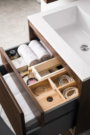 Milan 23.6" Single Vanity, Mid-Century Walnut, Brushed Nickel w/ Glossy White Composite Stone Top - Image 4