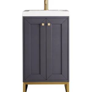 Chianti 20″ Single Vanity, Mineral Gray, Radiant Gold, w/ White Glossy Composite Stone Top