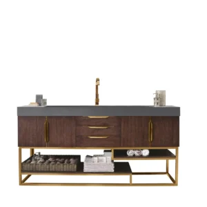 Columbia 72″ Single Vanity, Coffee Oak, Radiant Gold w/ Dusk Grey Glossy Composite Stone Top