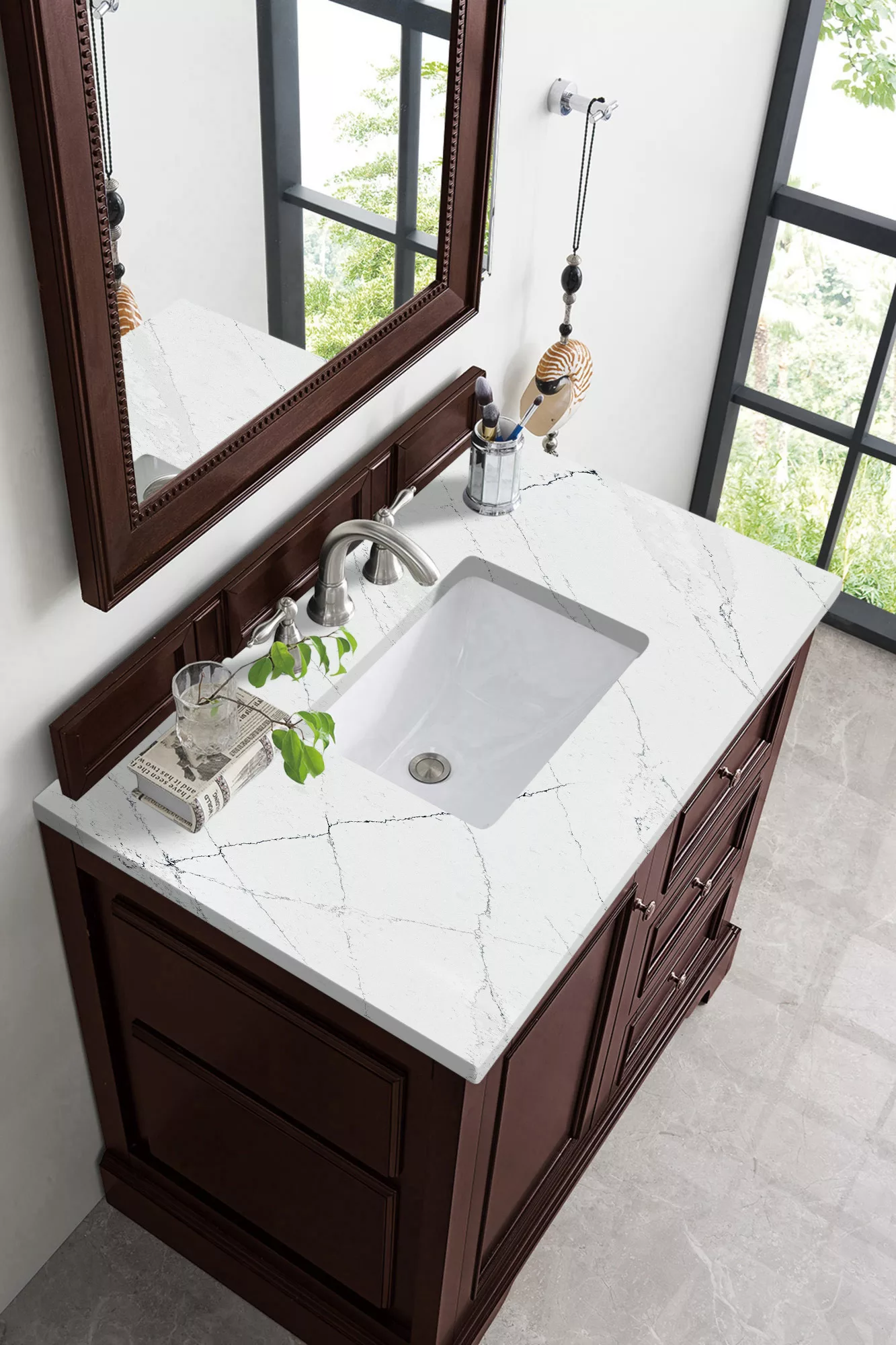 De Soto 36" Single Vanity, Burnished Mahogany w/ 3 CM Ethereal Noctis Quartz Top - Image 4