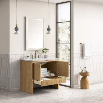 Hudson 36" Single Vanity, Light Natural Oak w/ 3 CM Carrara Marble Top - Image 3