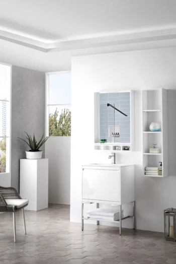 Mantova 23.6" Single Vanity, Glossy White, Brushed Nickel Base w/ Glossy White Composite Stone Top - Image 3