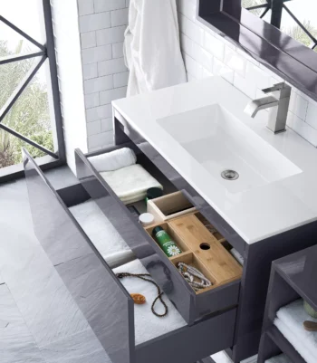 Milan 35.4" Single Vanity, Modern Gray Glossy, Glossy White w/ Glossy White Composite Stone Top - Image 4