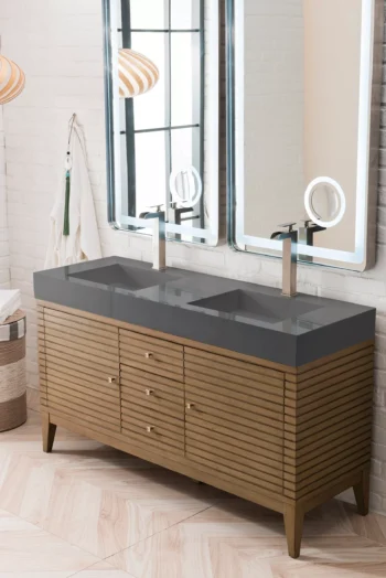 Linear 59" Double Vanity Whitewashed Walnut w/ Dusk Grey Glossy Composite Stone Top - Image 3